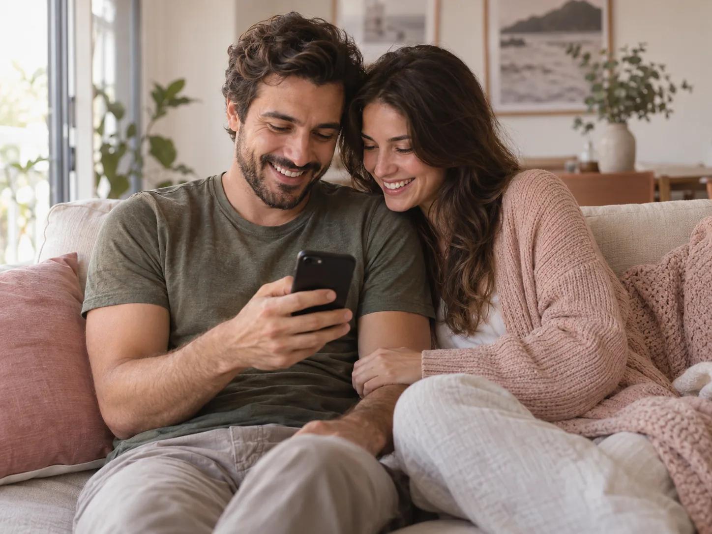 Casal sorrindo junto no sofá enquanto olha uma surpresa no celular.