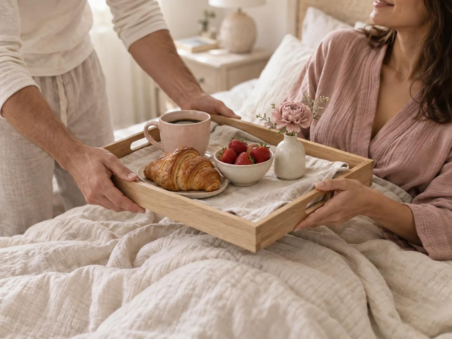 Mãos entregando uma bandeja de café da manhã na cama, com flores e detalhes em rosa suave.